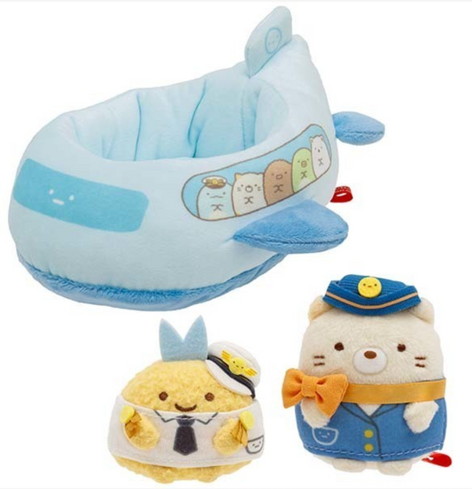 San-X Sumikko gurashi Scene Plush Set Tenori Plush Airplane, Neko and Aji furai no shippo San-X Japan
